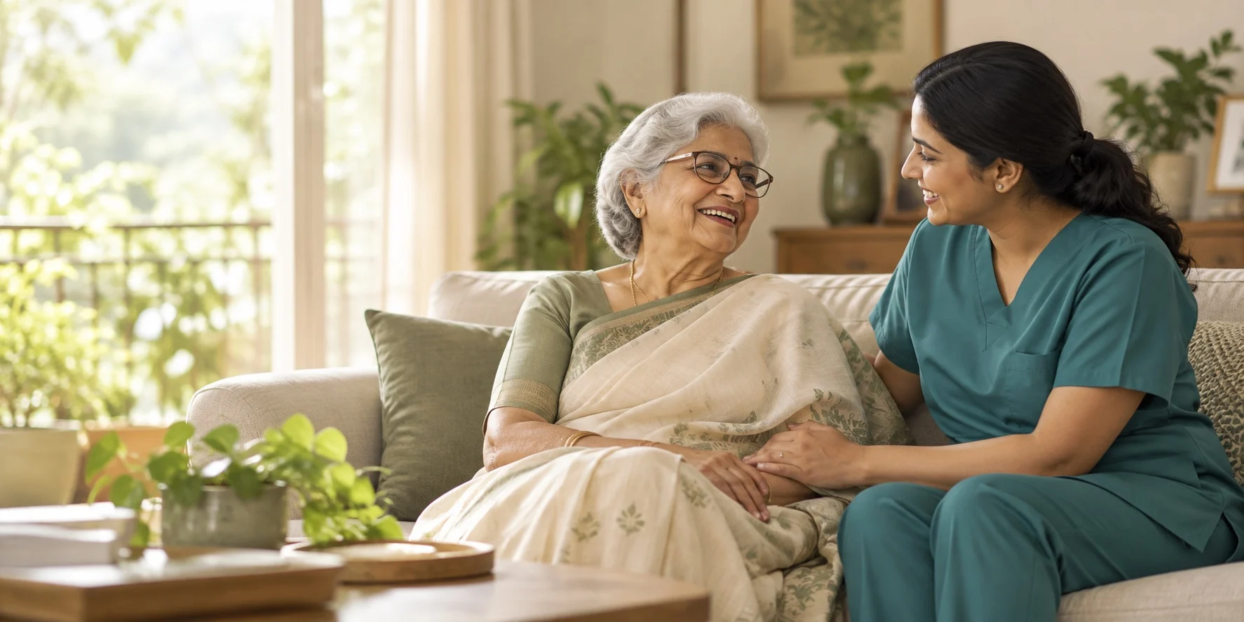 An older woman sharing a warm moment with a caregiver at home